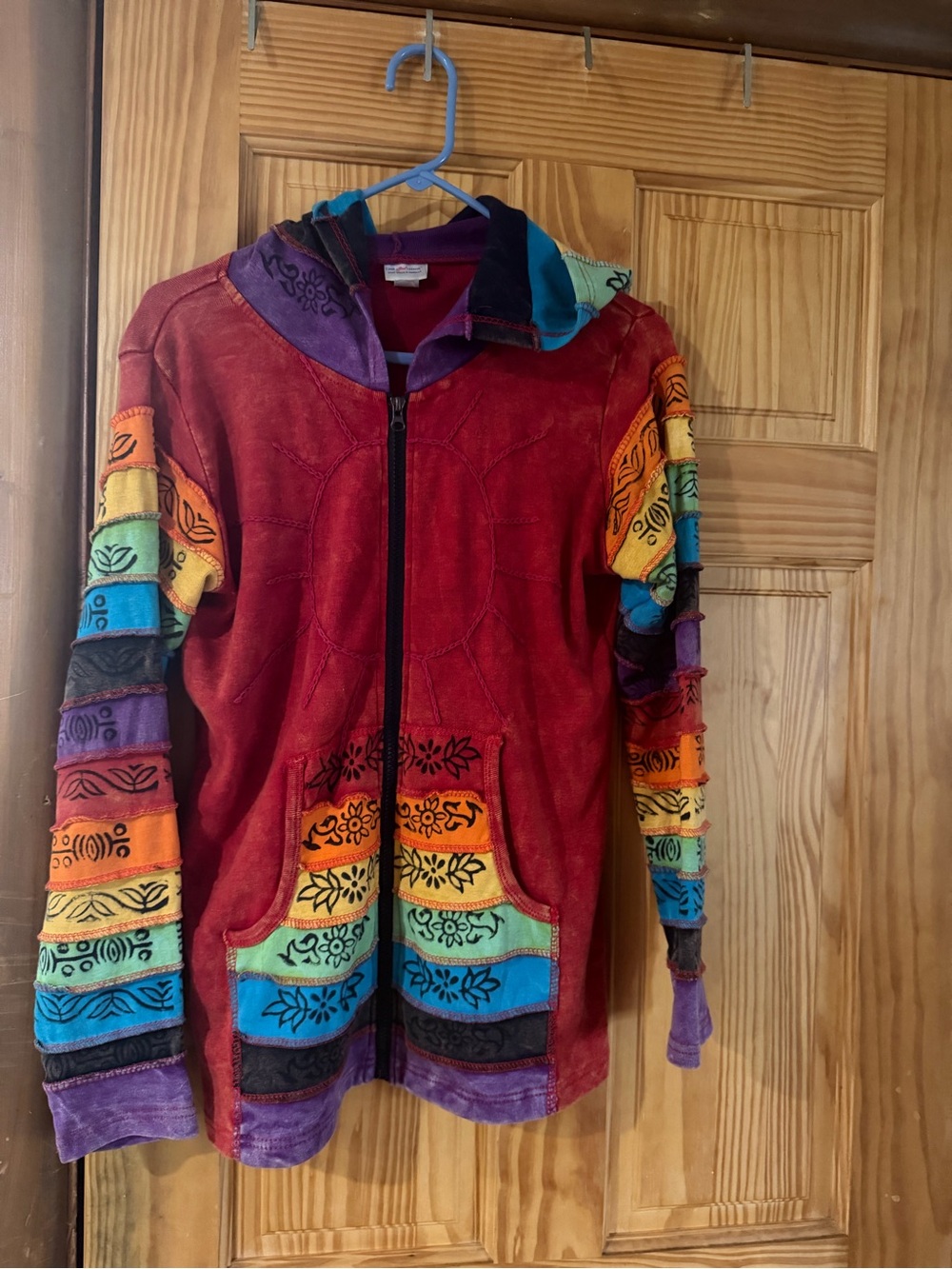 Red Zip-Front Utility Jacket with Multi-Color Patch Sleeves